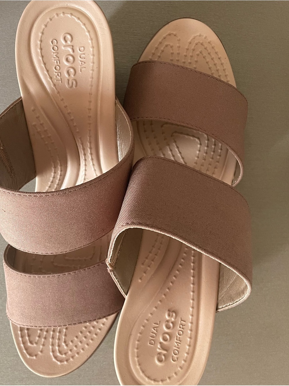 CROCS Womenβs Dual Comfort Slide wedge Sandals in Taupe Brown